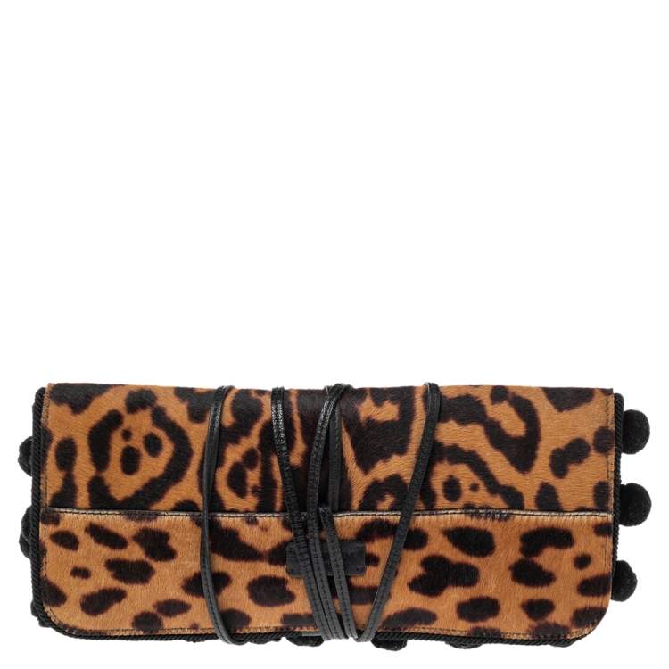 Pre Owned Yves Saint Laurent Brown/Beige Leopard Print Pony Hair Flap Clutch
