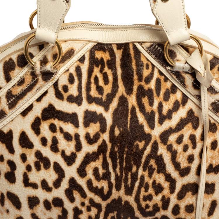 Pre Owned Yves Saint Laurent Brown/Cream Calf Hair And Leather Medium Muse Satchel