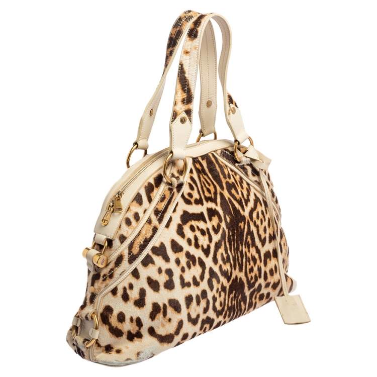 Pre Owned Yves Saint Laurent Brown/Cream Calf Hair And Leather Medium Muse Satchel