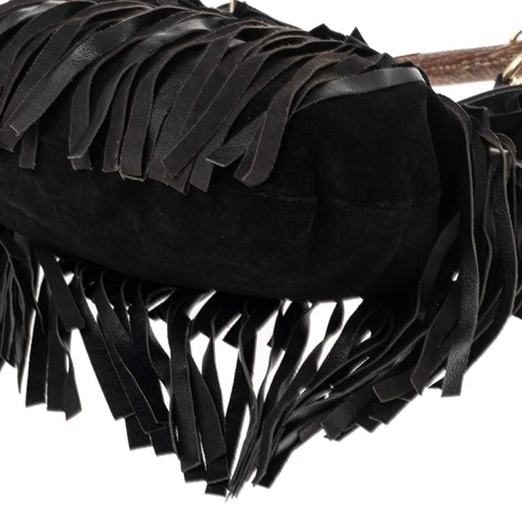 Pre Owned Yves Saint Laurent  Black Suede and Leather Fringe Mombasa Hobo