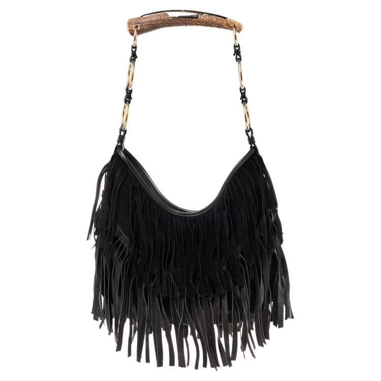 Pre Owned Yves Saint Laurent  Black Suede and Leather Fringe Mombasa Hobo