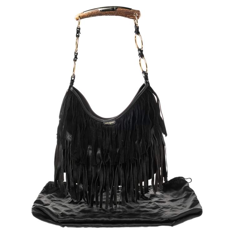 Pre Owned Yves Saint Laurent  Black Suede and Leather Fringe Mombasa Hobo