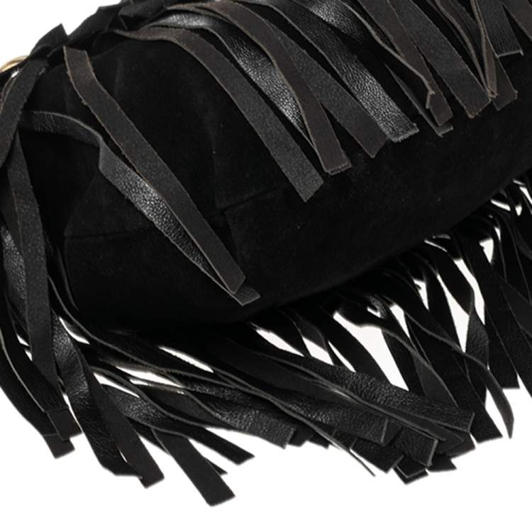 Pre Owned Yves Saint Laurent  Black Suede and Leather Fringe Mombasa Hobo