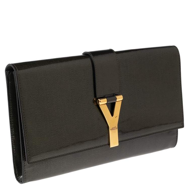 Pre Owned Yves Saint Laurent Olive Green Patent Leather Y-Ligne Clutch