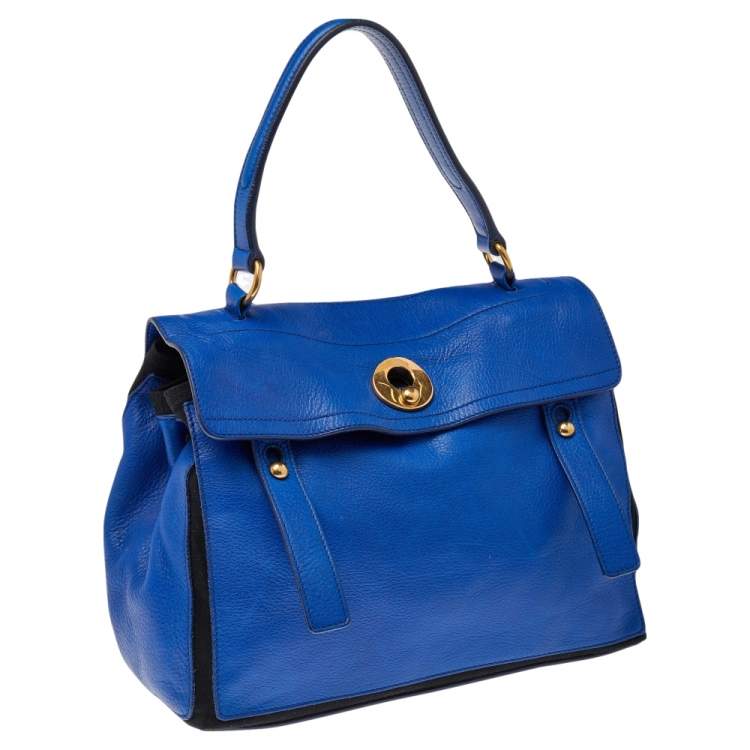 Pre Owned Yves Saint Laurent Blue/Black Leather And Canvas Muse Two Top Handle Bag