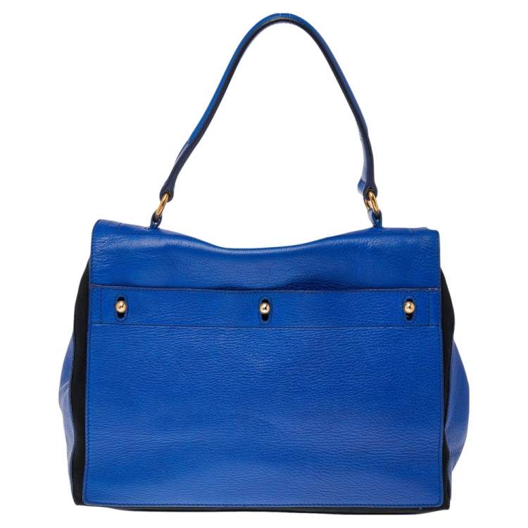 Pre Owned Yves Saint Laurent Blue/Black Leather And Canvas Muse Two Top Handle Bag