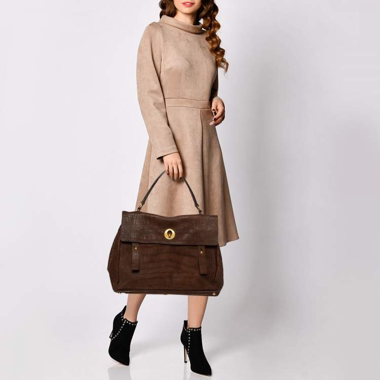 مملوكة مسبقًا Yves Saint Laurent Brown Croc Embossed Leather and Suede Large Muse Two Top Handle Bag