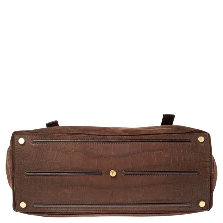 مملوكة مسبقًا Yves Saint Laurent Brown Croc Embossed Leather and Suede Large Muse Two Top Handle Bag