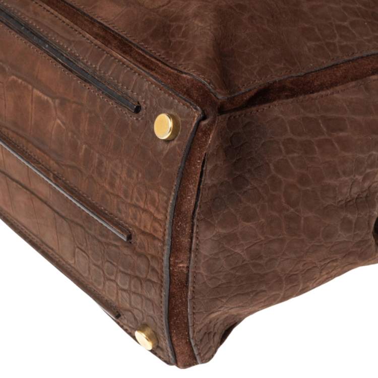 مملوكة مسبقًا Yves Saint Laurent Brown Croc Embossed Leather and Suede Large Muse Two Top Handle Bag