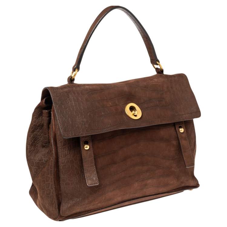 مملوكة مسبقًا Yves Saint Laurent Brown Croc Embossed Leather and Suede Large Muse Two Top Handle Bag