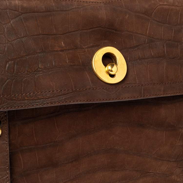 مملوكة مسبقًا Yves Saint Laurent Brown Croc Embossed Leather and Suede Large Muse Two Top Handle Bag