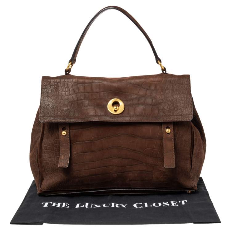 مملوكة مسبقًا Yves Saint Laurent Brown Croc Embossed Leather and Suede Large Muse Two Top Handle Bag