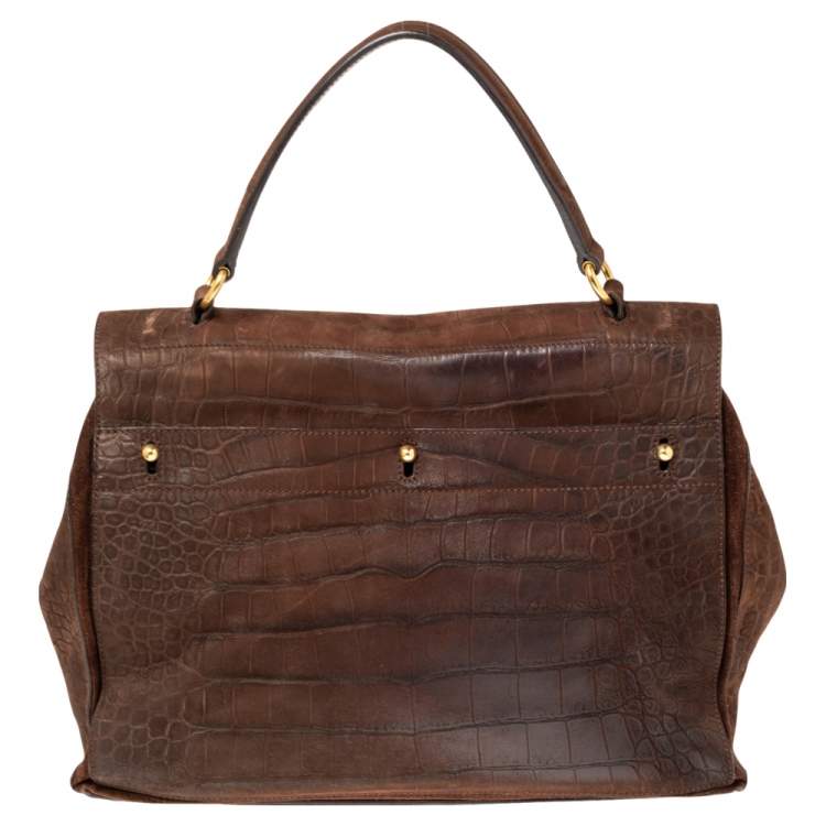 مملوكة مسبقًا Yves Saint Laurent Brown Croc Embossed Leather and Suede Large Muse Two Top Handle Bag