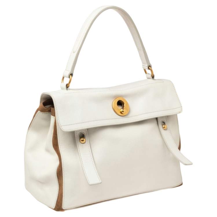مملوكة مسبقًا Yves Saint Laurent White/Brown Leather And Suede Muse Two Top Handle Bag