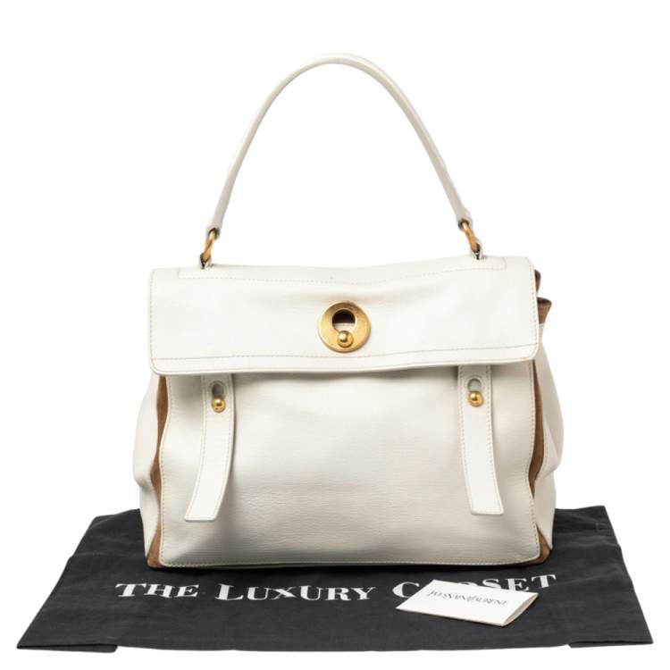 مملوكة مسبقًا Yves Saint Laurent White/Brown Leather And Suede Muse Two Top Handle Bag