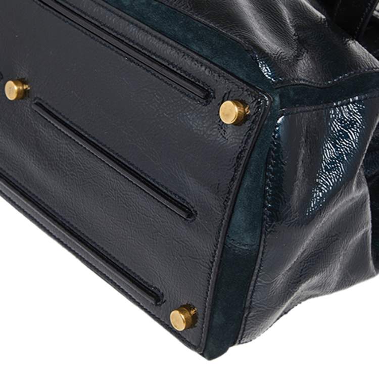 Pre Owned Yves Saint Laurent Deep Green Patent Leather and Suede Large Muse Two Bag