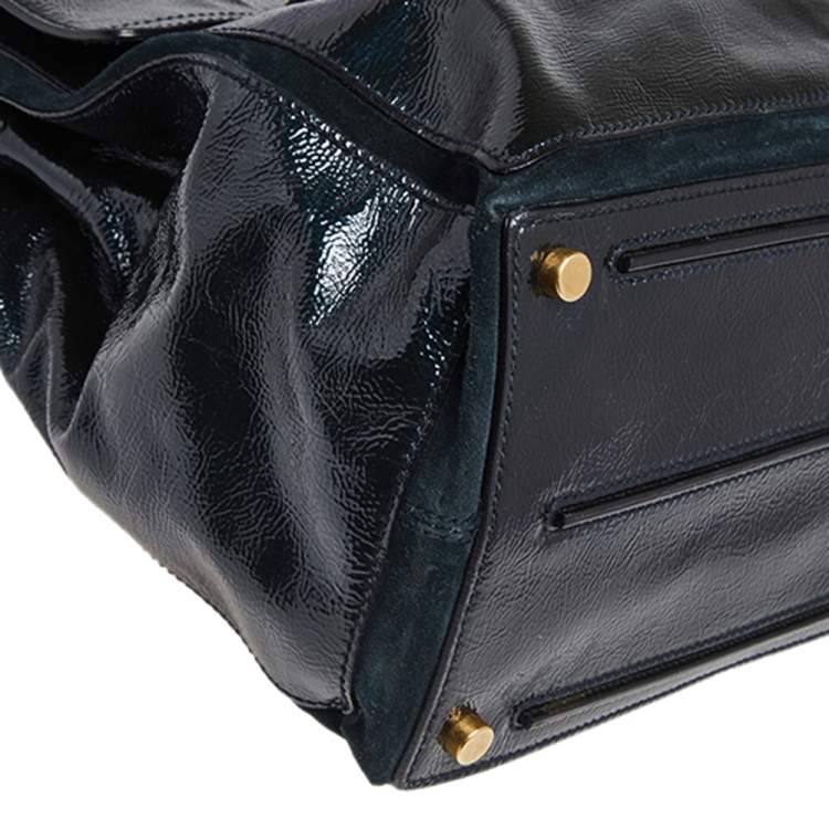 Pre Owned Yves Saint Laurent Deep Green Patent Leather and Suede Large Muse Two Bag