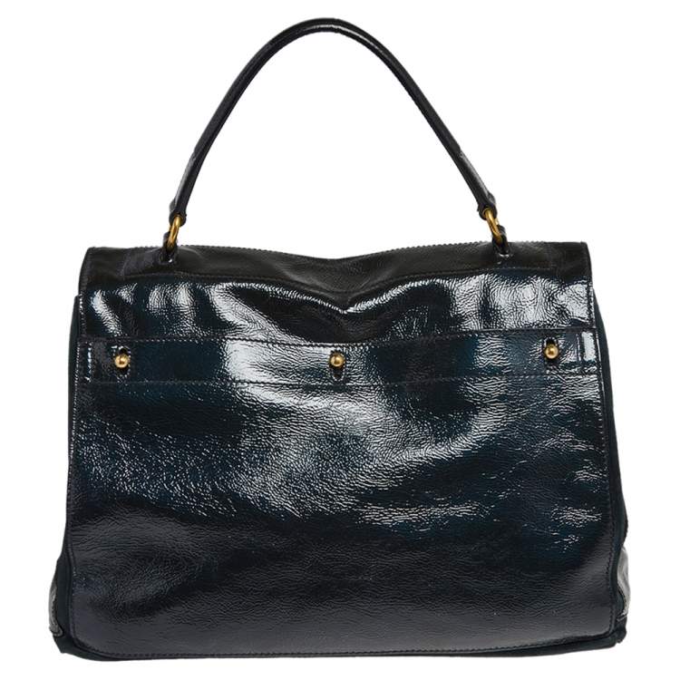 Pre Owned Yves Saint Laurent Deep Green Patent Leather and Suede Large Muse Two Bag