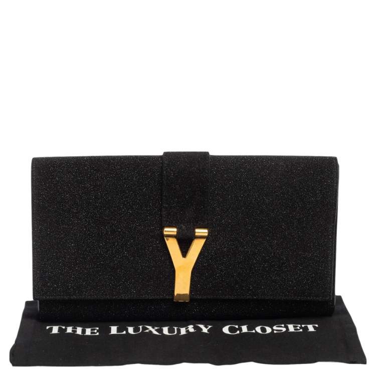 Pre Owned Yves Saint Laurent Black Shimmer Glitter And Suede Y-Ligne Clutch