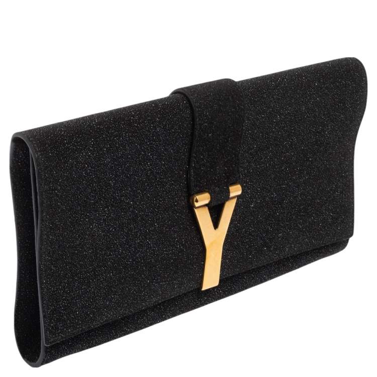 Pre Owned Yves Saint Laurent Black Shimmer Glitter And Suede Y-Ligne Clutch