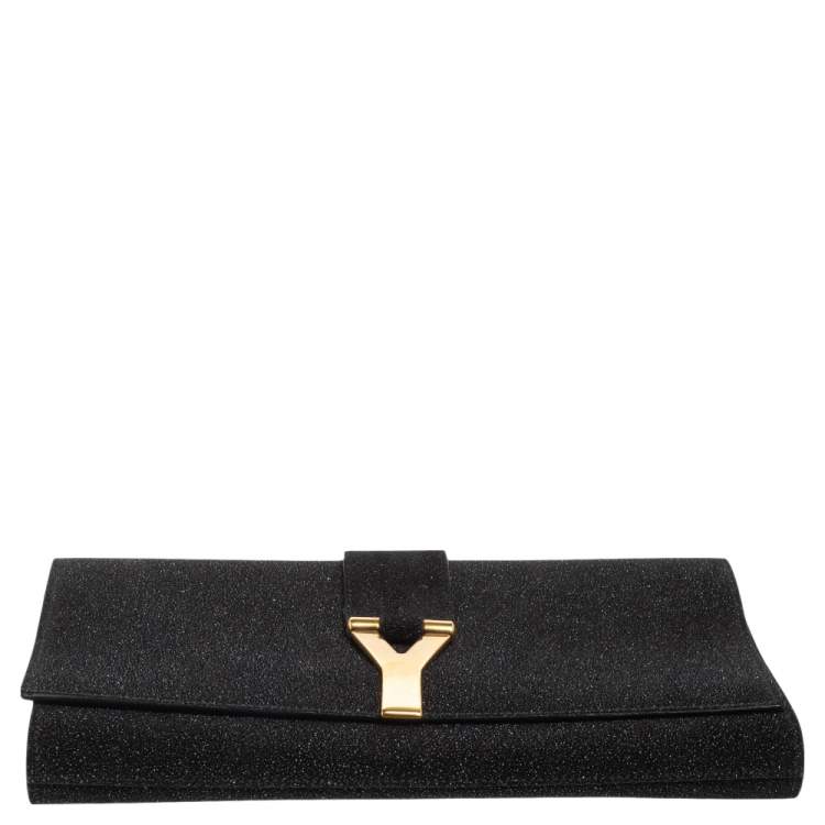 Pre Owned Yves Saint Laurent Black Shimmer Glitter And Suede Y-Ligne Clutch