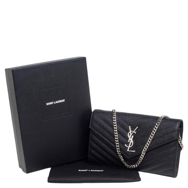 Pre Owned Saint Laurent Black Matelassé Leather Monogram Envelope Wallet on Chain