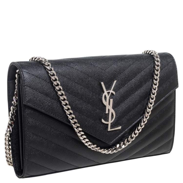 Pre Owned Saint Laurent Black Matelassé Leather Monogram Envelope Wallet on Chain
