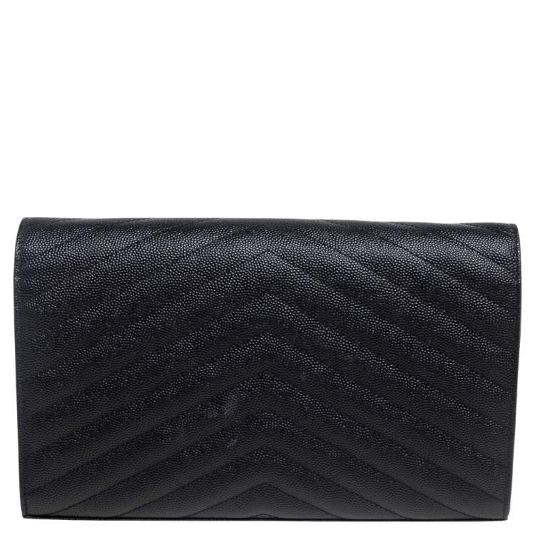 Pre Owned Saint Laurent Black Matelassé Leather Monogram Envelope Wallet on Chain