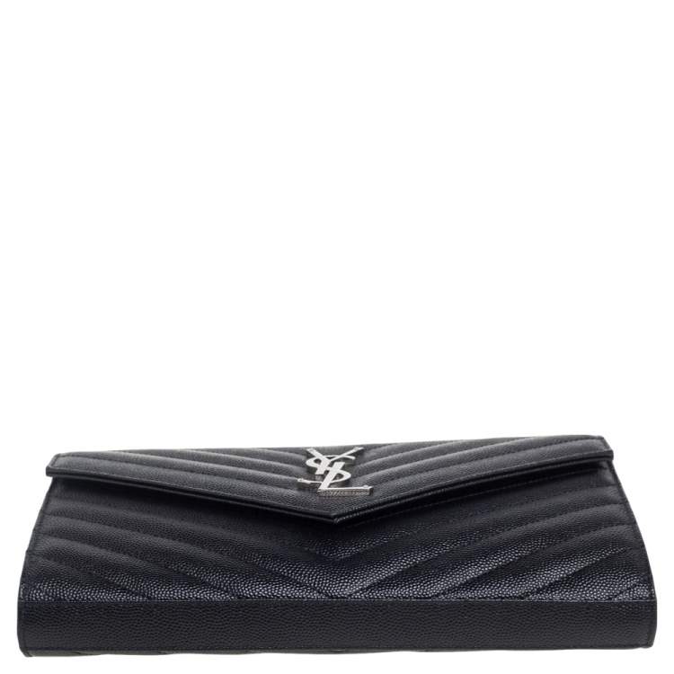 Pre Owned Saint Laurent Black Matelassé Leather Monogram Envelope Wallet on Chain