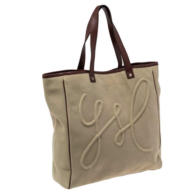 Pre Owned Yves Saint Laurent Brown/Beige Canvas and Leather Trim Charms Tote