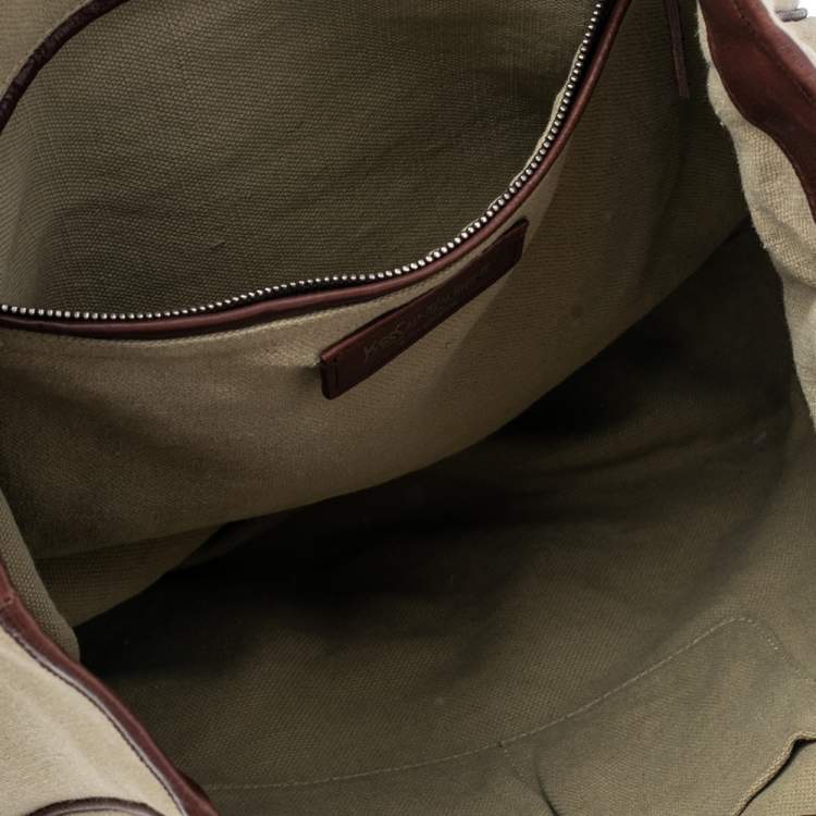 Pre Owned Yves Saint Laurent Brown/Beige Canvas and Leather Trim Charms Tote