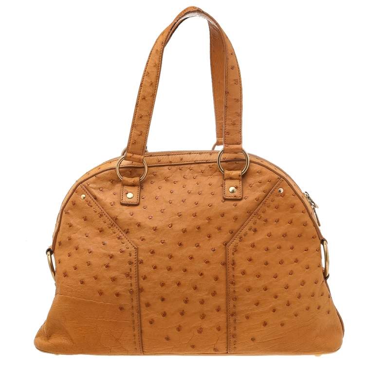 Pre Owned Yves Saint Laurent Tan Ostrich Large Muse Satchel