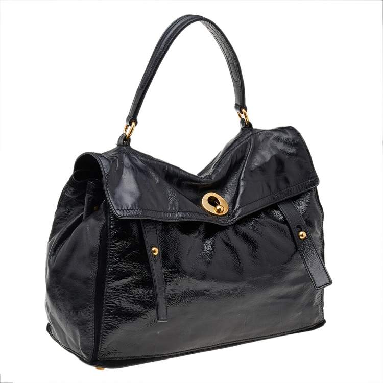 Pre Owned Yves Saint Laurent Black Patent Leather And Suede Muse Two Satchel