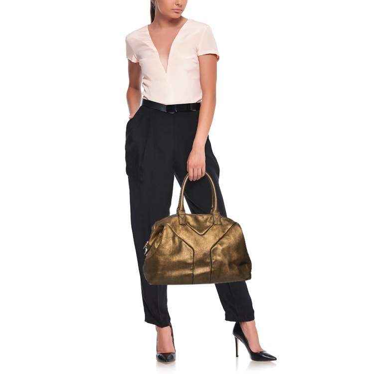 Pre Owned Yves Saint Laurent Metallic Gold Textured Leather Easy Y Satchel