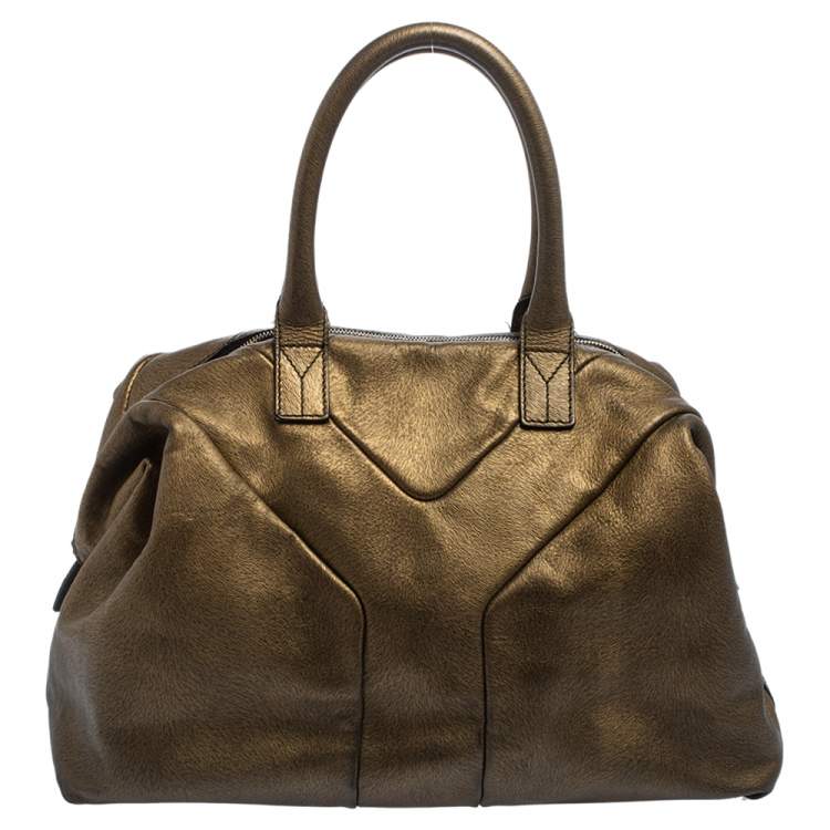 Pre Owned Yves Saint Laurent Metallic Gold Textured Leather Easy Y Satchel