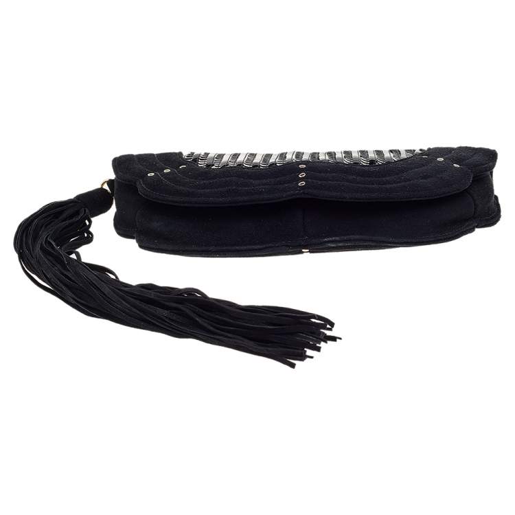 Pre Owned Yves Saint Laurent Suede And Sequins Fringe Flap Clutch