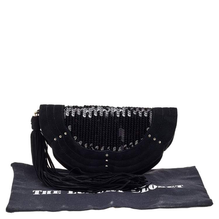 Pre Owned Yves Saint Laurent Suede And Sequins Fringe Flap Clutch