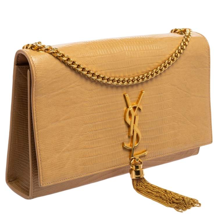 Pre Owned Saint Laurent Beige Lizard Embossed Leather Medium Kate Monogram Tassel Shoulder Bag