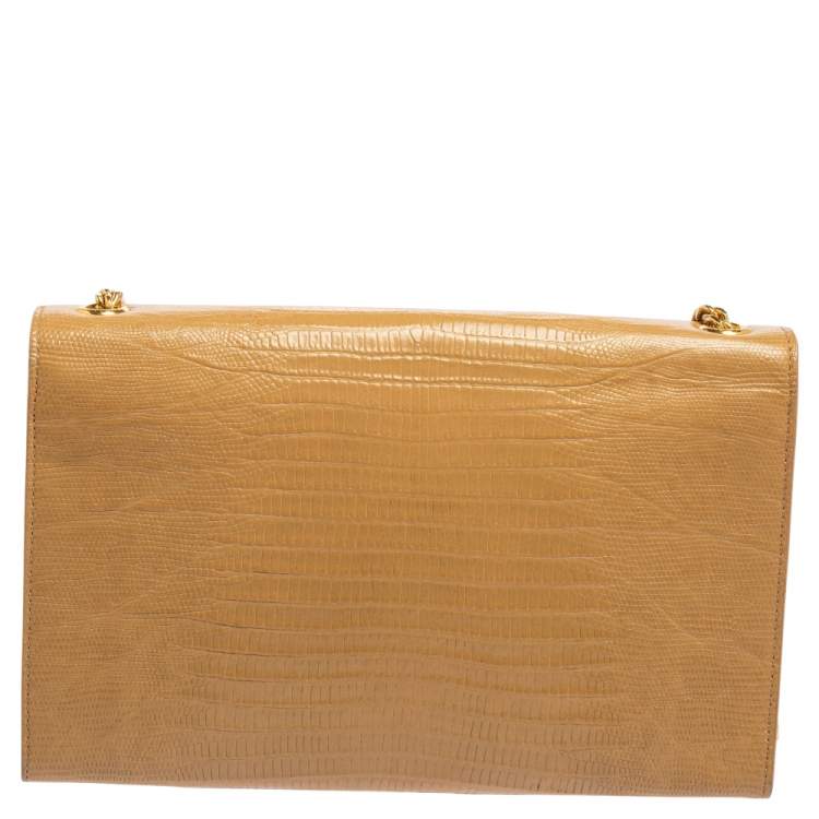 Pre Owned Saint Laurent Beige Lizard Embossed Leather Medium Kate Monogram Tassel Shoulder Bag