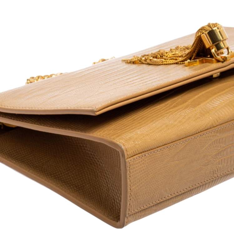 Pre Owned Saint Laurent Beige Lizard Embossed Leather Medium Kate Monogram Tassel Shoulder Bag