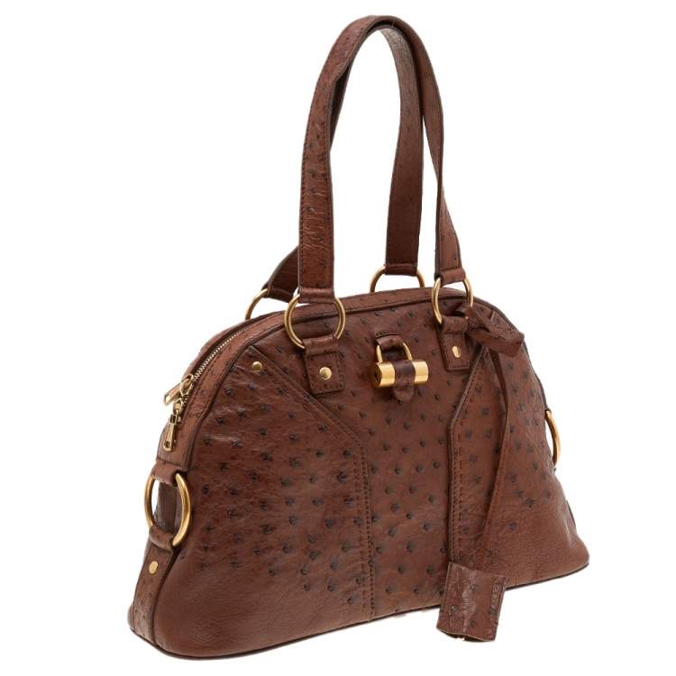Pre Owned Yves Saint Laurent Brown Ostrich Leather Medium Muse Satchel