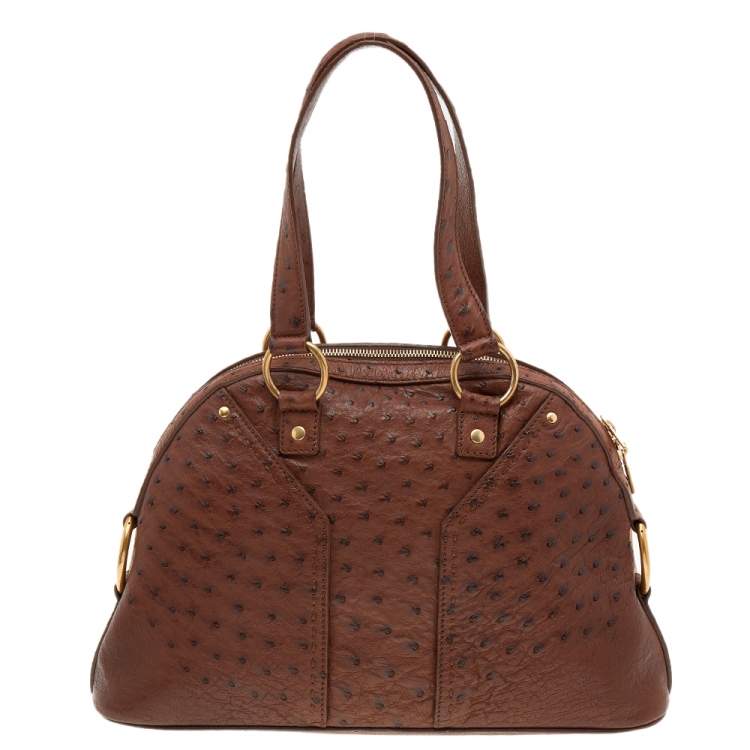 Pre Owned Yves Saint Laurent Brown Ostrich Leather Medium Muse Satchel