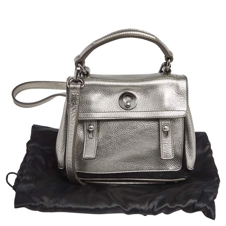 Pre Owned Yves Saint Laurent Metallic Grey Leather Mini Muse Two Top Handle Bag