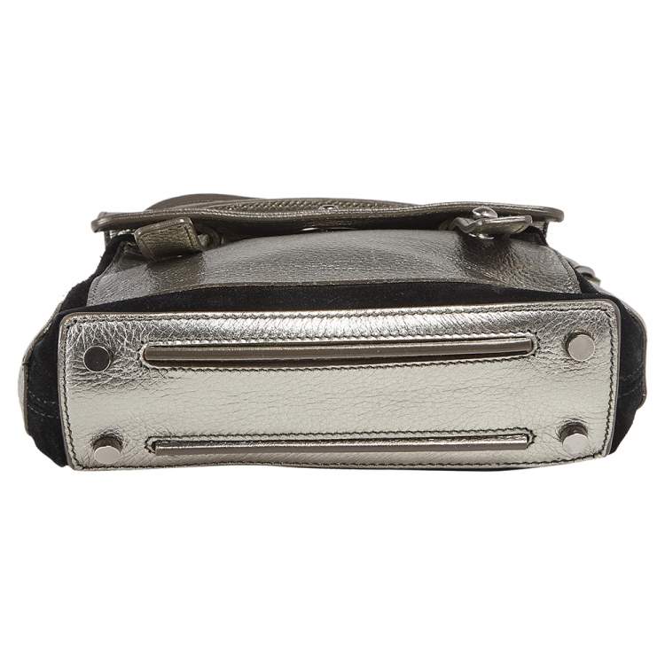 Pre Owned Yves Saint Laurent Metallic Grey Leather Mini Muse Two Top Handle Bag