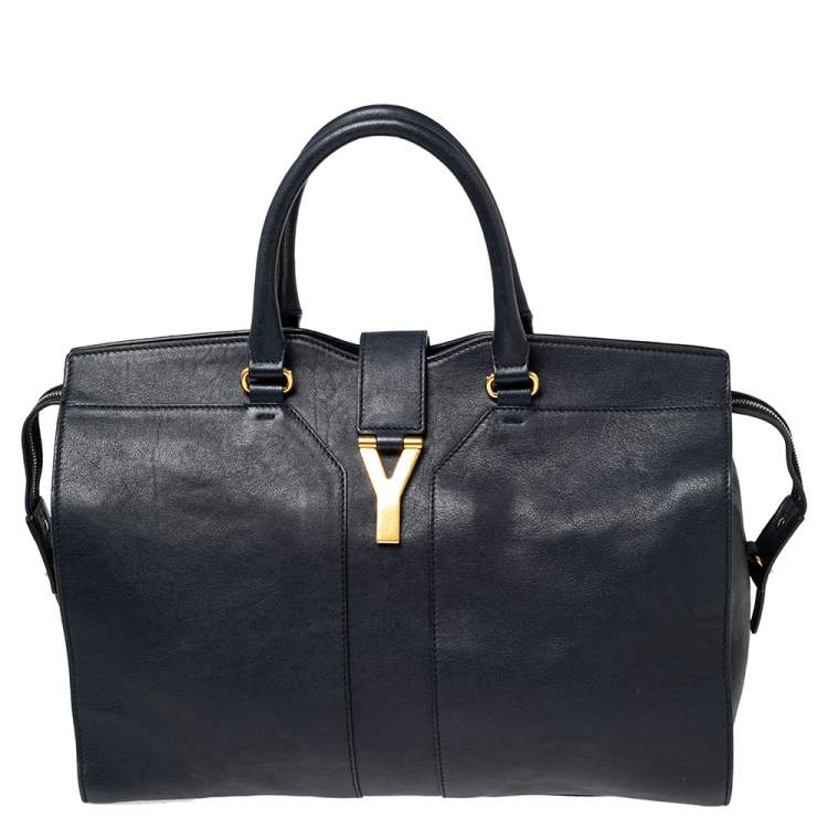Pre Owned Yves Saint Laurent Navy Blue Leather Large Y Cabas Chyc Tote