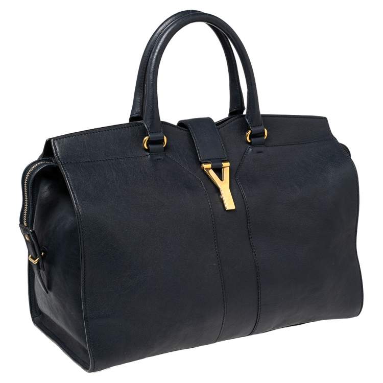 Pre Owned Yves Saint Laurent Navy Blue Leather Large Y Cabas Chyc Tote