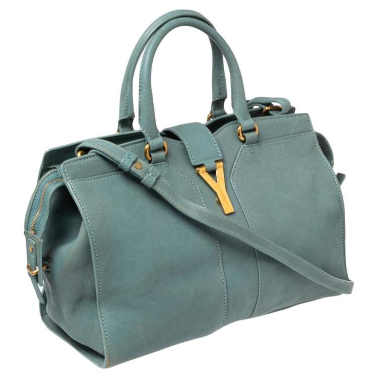 Pre Owned Yves Saint Laurent Pale Blue Leather Small Cabas Chyc Tote