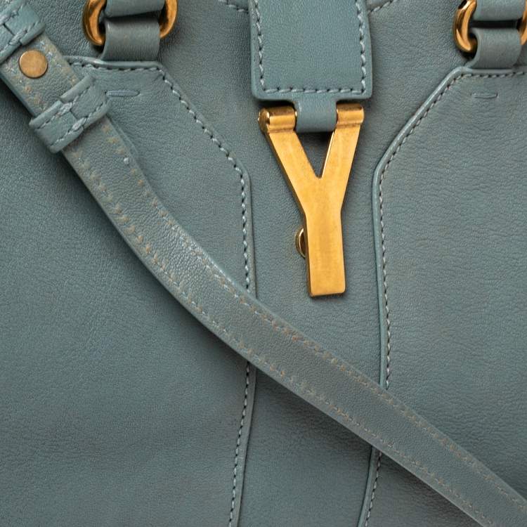 Pre Owned Yves Saint Laurent Pale Blue Leather Small Cabas Chyc Tote