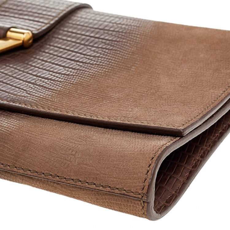 Pre Owned Yves Saint Laurent Brown Lizard Embossed Leather Y-Ligne Clutch
