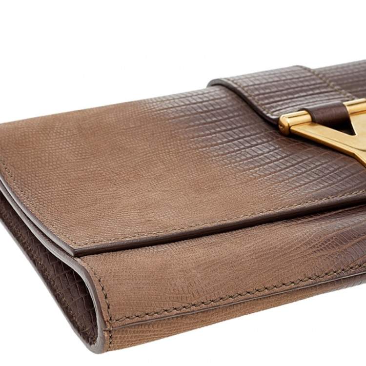 Pre Owned Yves Saint Laurent Brown Lizard Embossed Leather Y-Ligne Clutch